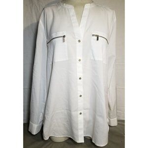 Calvin Klein women's top white size XL gold zippered pockets & buttons V-neck
